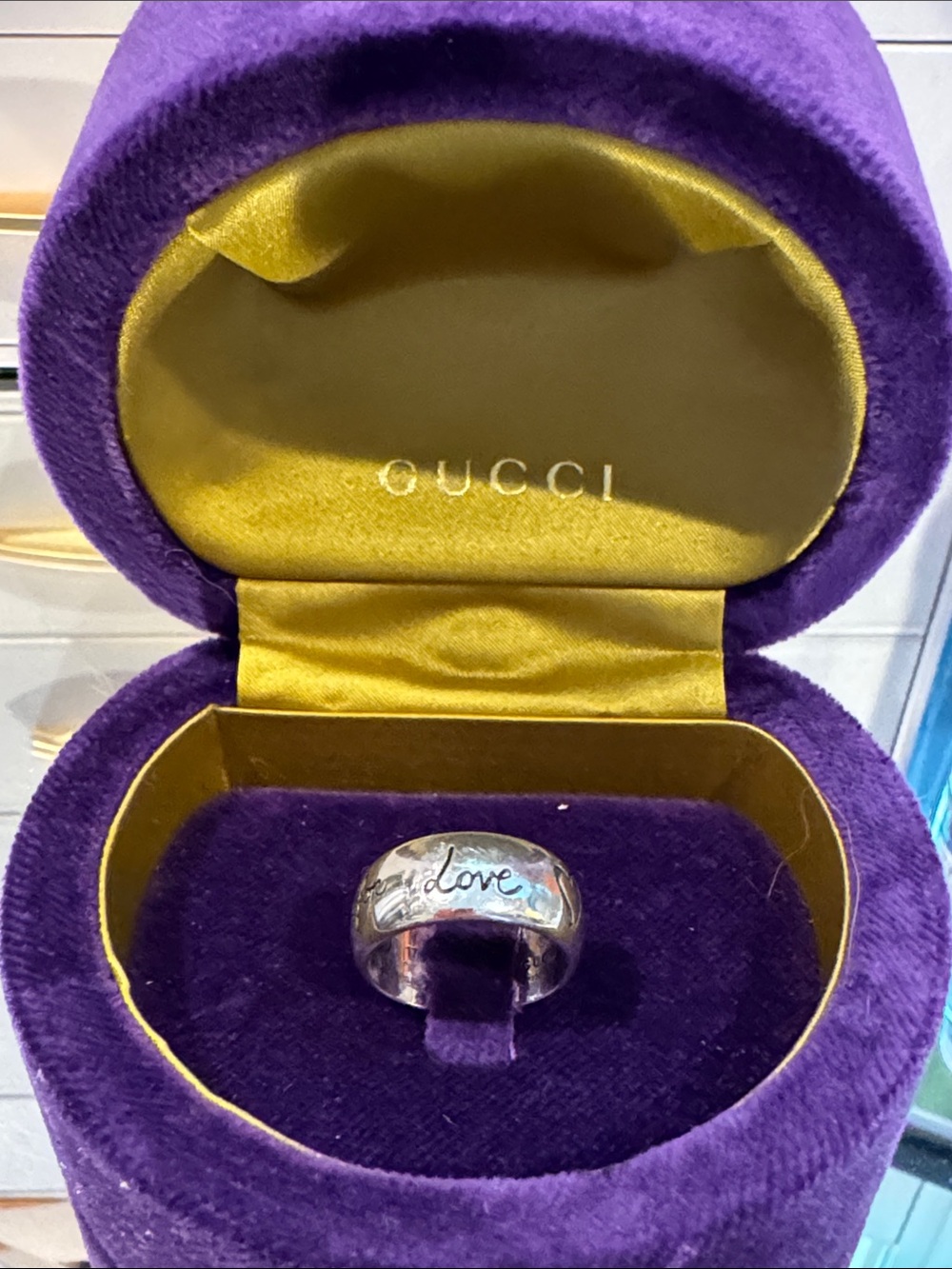 Gucci Silver 'Blind For Love' Dome Ring with Engraved Script with Box